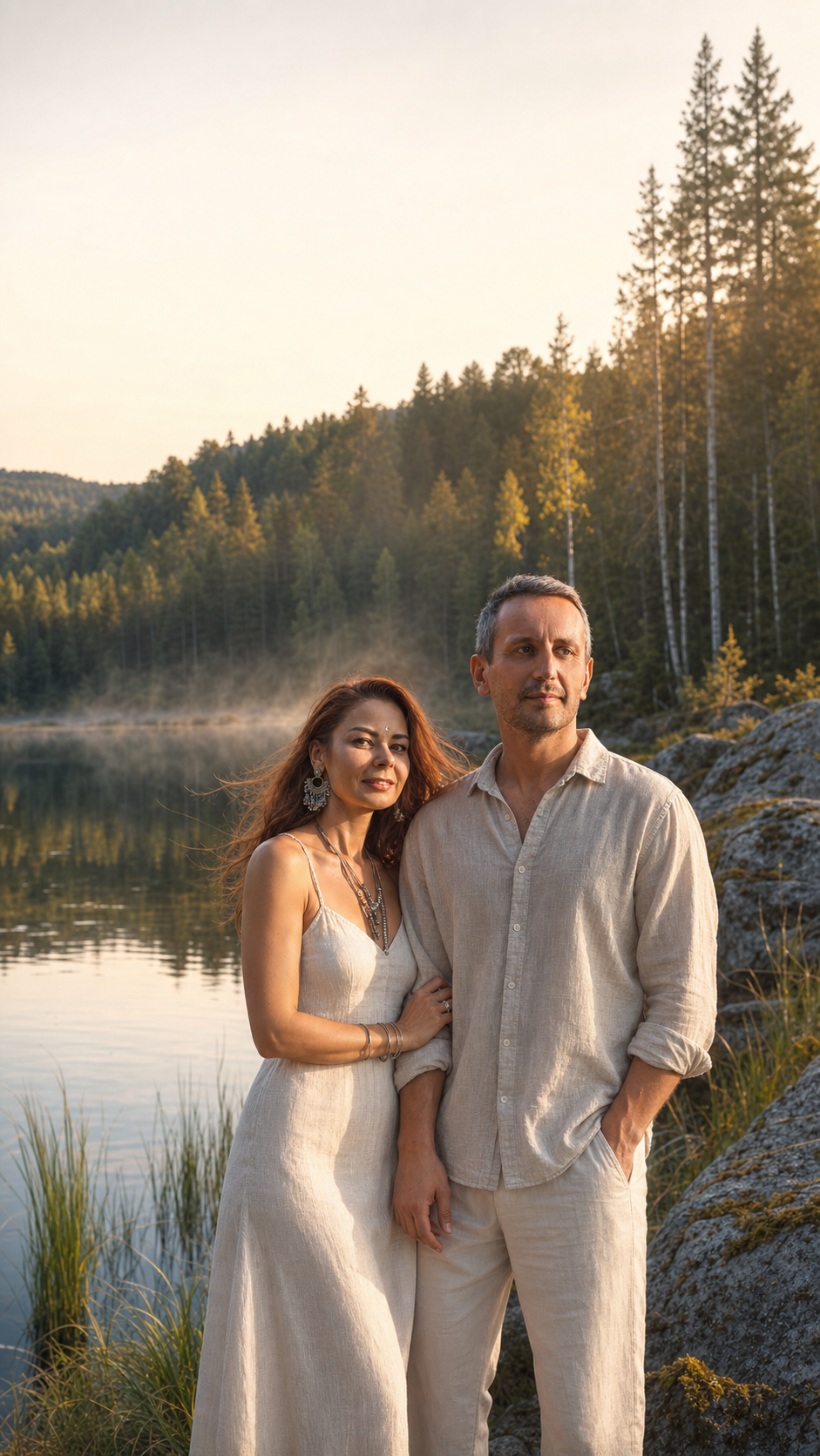 Пара у озера в утреннем свете